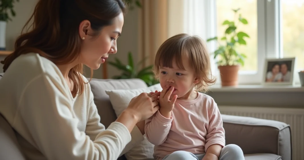 Criança com mãe em ambiente doméstico, mostrando sinais sutis de alergia infantil, como olhos vermelhos e espirrando