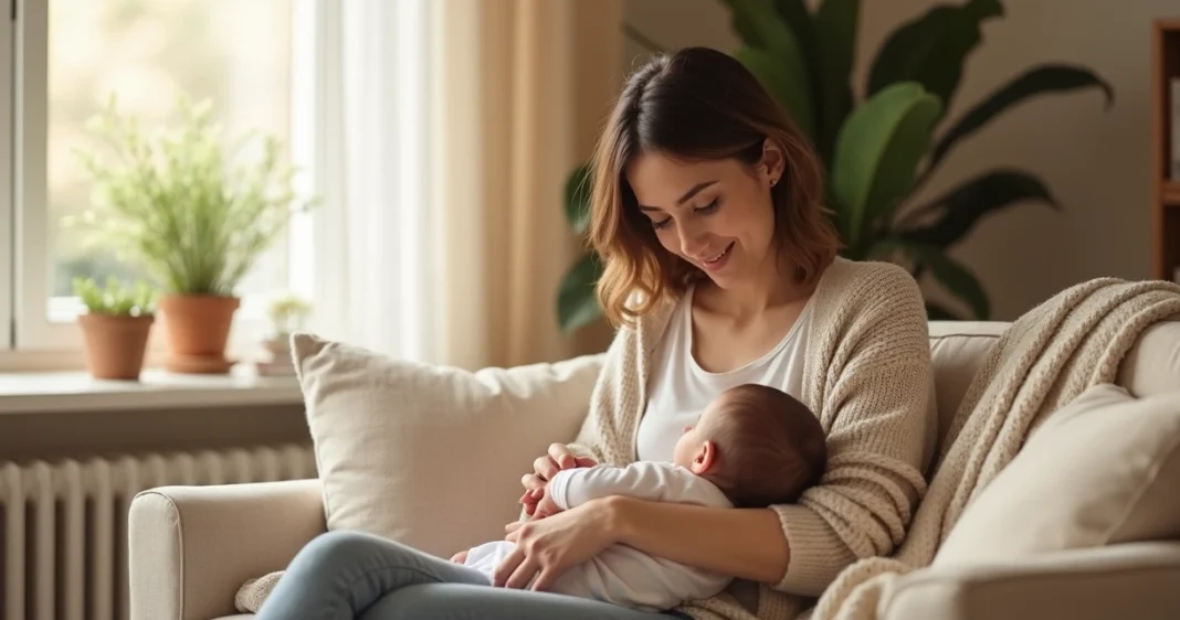 Mãe sentada confortavelmente no sofá segurando bebê no colo em ambiente acolhedor