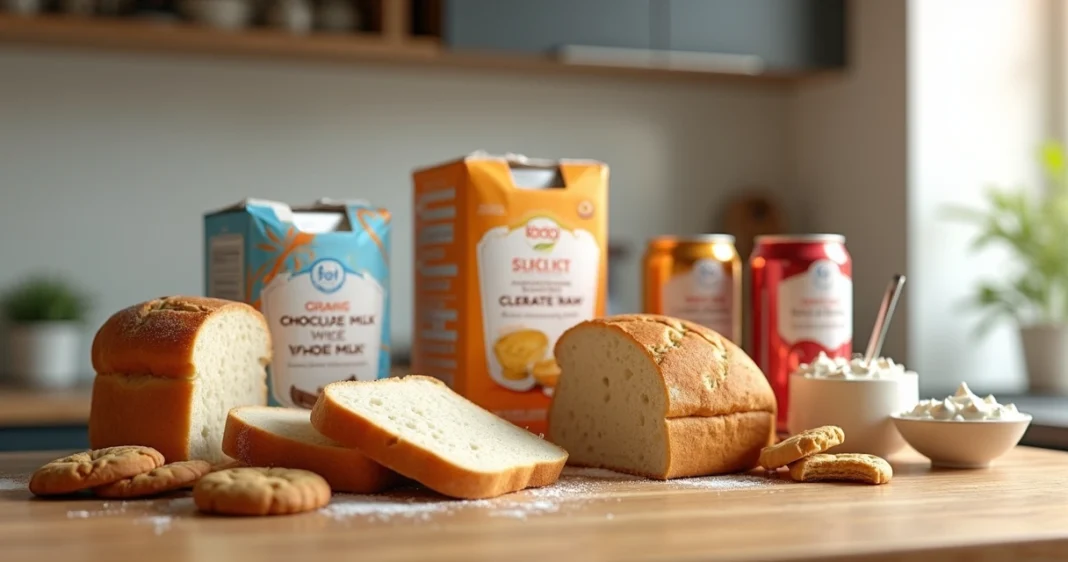Mesa com variedade de alimentos ultraprocessados como pão de forma, achocolatado, biscoitos e refrigerantes, em ambiente de cozinha moderna
