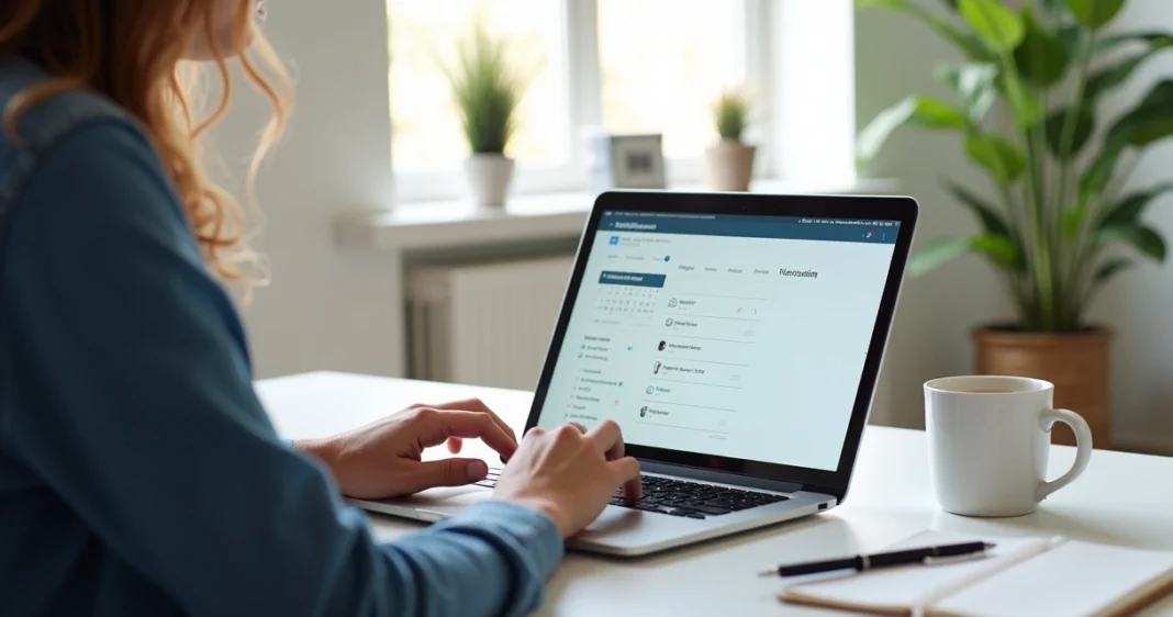 Pessoa usando um laptop para agendar exame online em casa