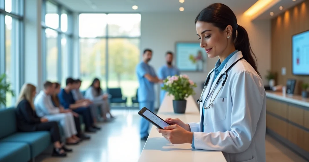 Profissional de saúde usando tablet digital na recepção moderna de clínica com pacientes aguardando atendimento