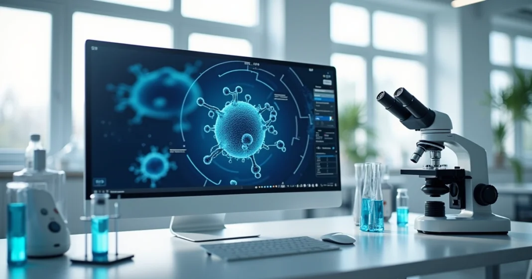Computador com tela exibindo análise de compostos químicos por inteligência artificial para medicamentos antibacterianos