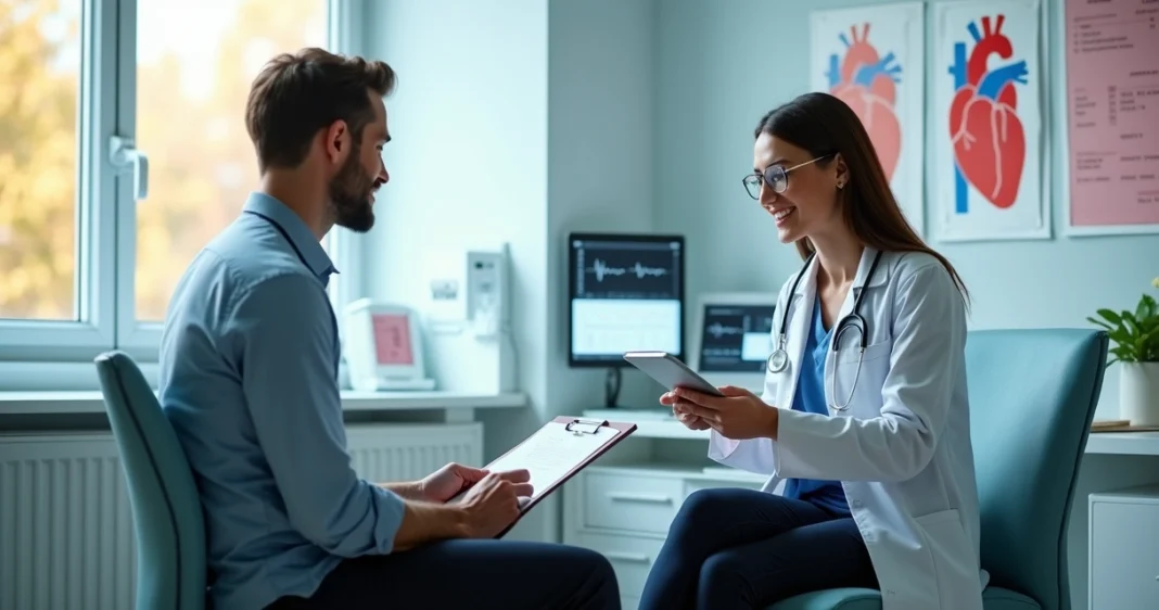 Médico consultando paciente em clínica cardiológica com equipamentos modernos e ambiente claro