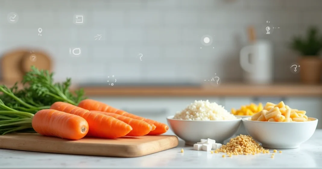 Cenouras e alimentos ricos em carboidratos lado a lado em bancada de cozinha