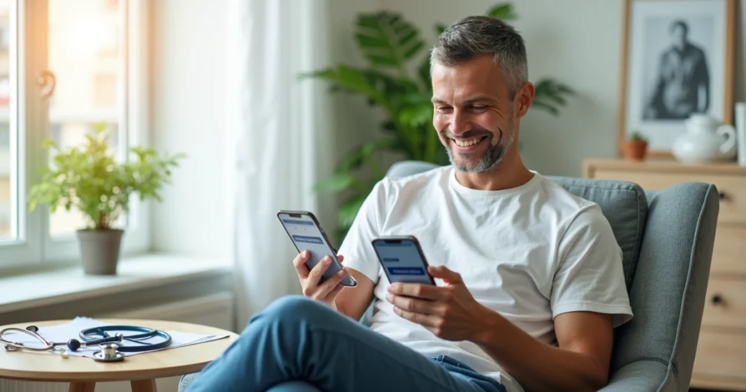 Paciente sorrindo usando aplicativo Kivid para agendar consulta médica rápida e acessível