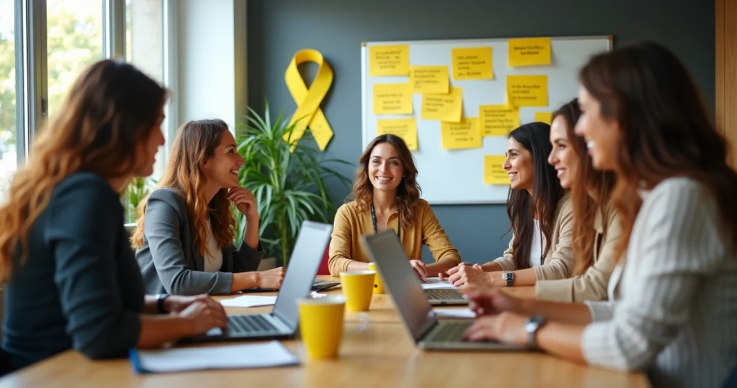 Equipe de trabalho em escritório decorado com fitas amarelas e cartazes sobre saúde mental e prevenção do suicídio