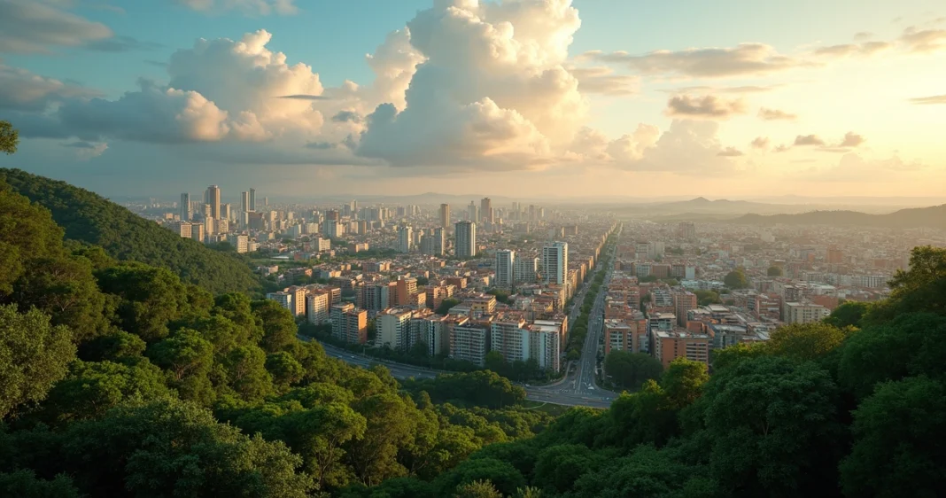Vista panorâmica de Salvador com céu parcialmente nublado e vegetação abundante