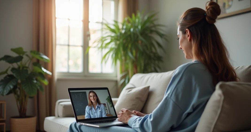Pessoa relaxada em consulta psicológica online com terapeuta em ambiente tranquilo