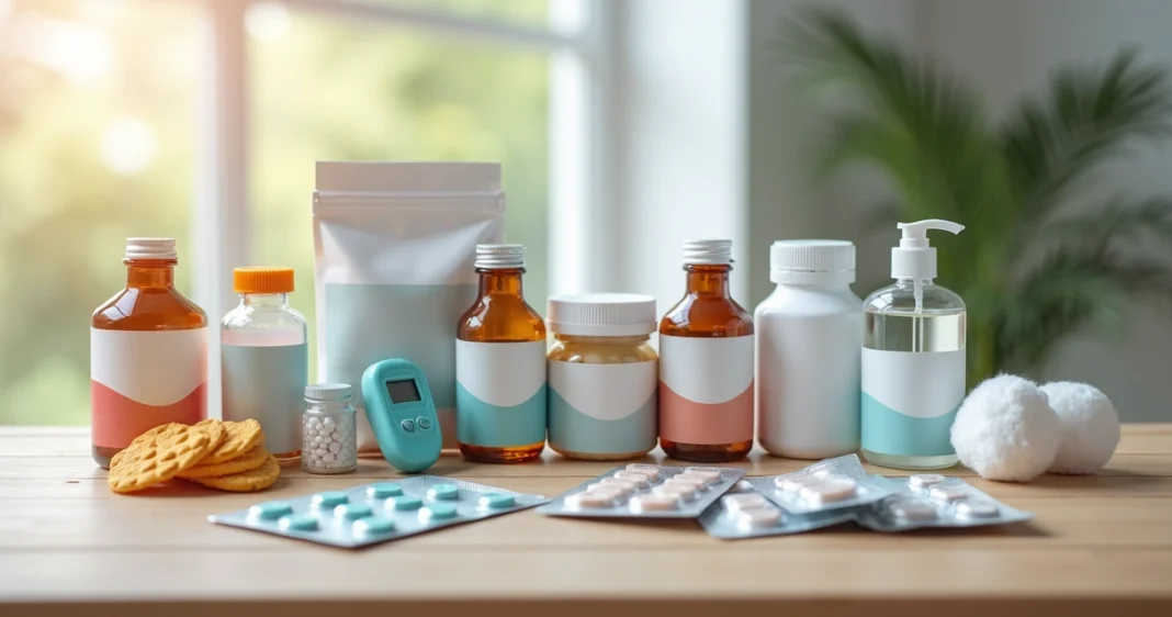 Kit de medicação básico organizado com remédios, termômetro e curativos sobre uma mesa clara