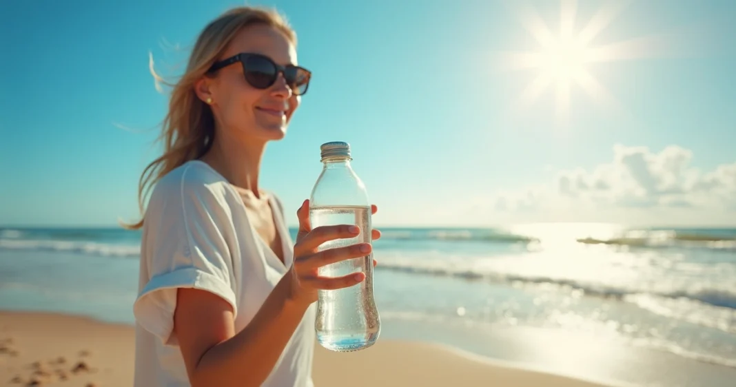 Mulher segurando uma garrafa de água na praia sob sol forte no verão