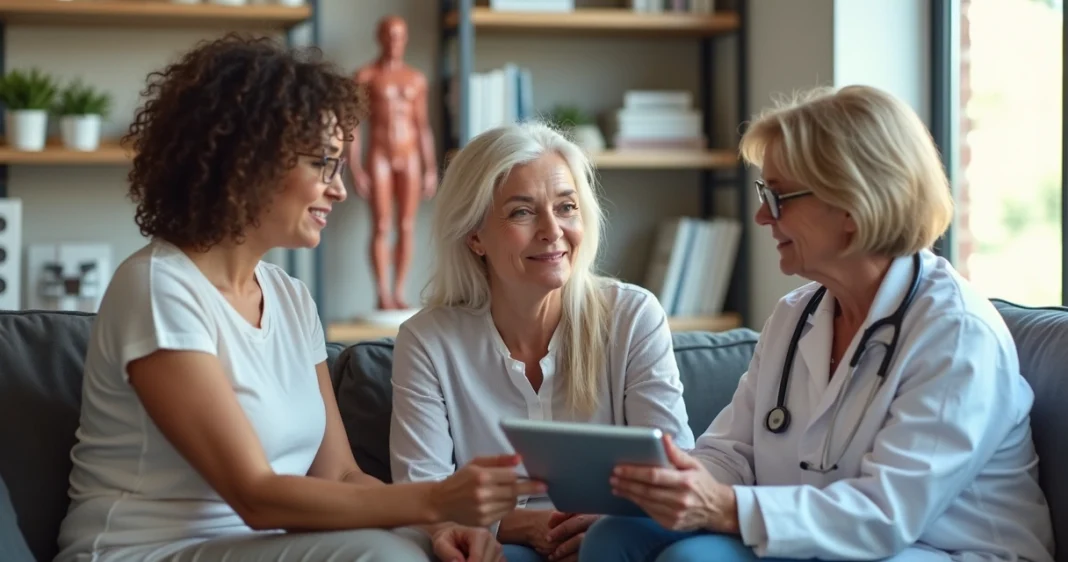 Três mulheres em diferentes idades em consulta médica, com médica analisando exames em tablet