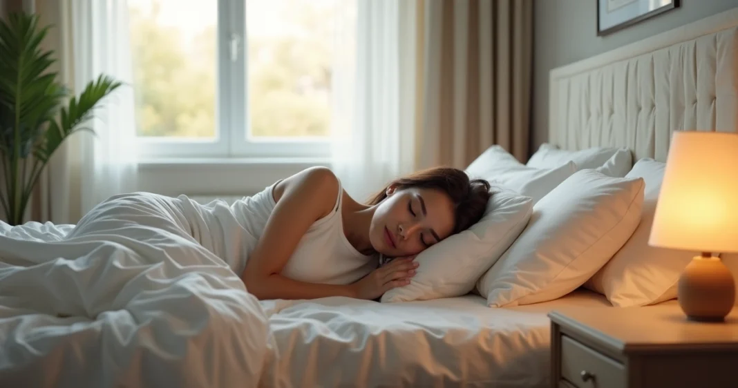 Pessoa dormindo tranquilamente em cama com travesseiros brancos e luz suave no quarto organizado e aconchegante