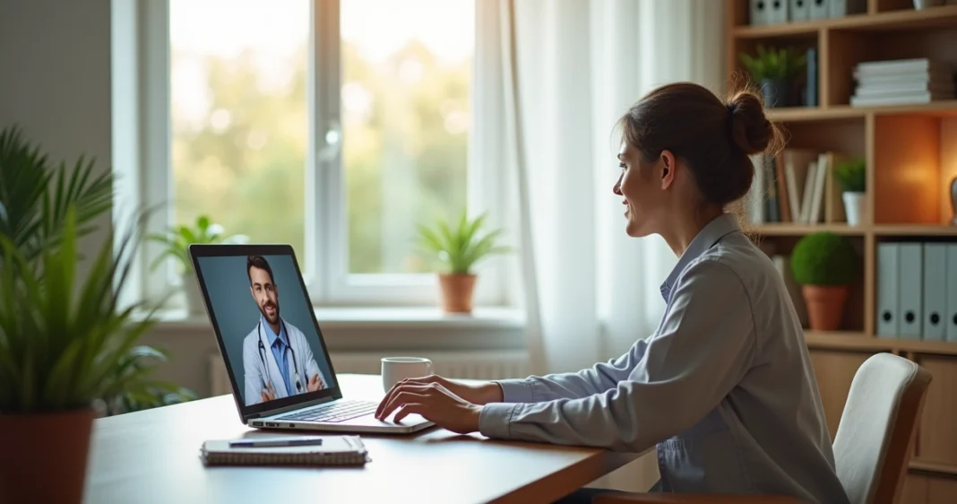 teleconsulta-segura-vantajosa-798.webp Pessoa usando laptop para teleconsulta médica numa sala iluminada com plantas e decoração moderna