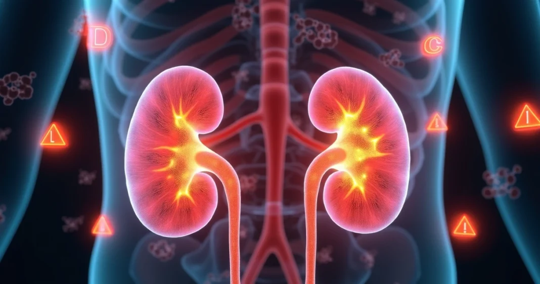Representação realista de cálculo renal em raio-x com ícone de vitamina D e símbolos de alerta ao redor