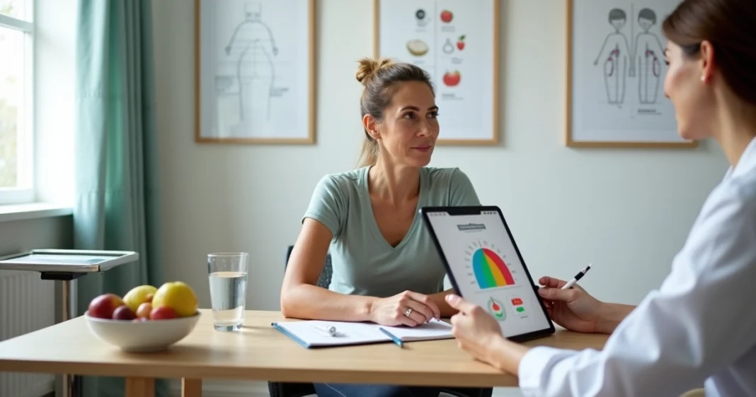 Mulher adulta em consulta com profissional de saúde orientando emagrecimento saudável