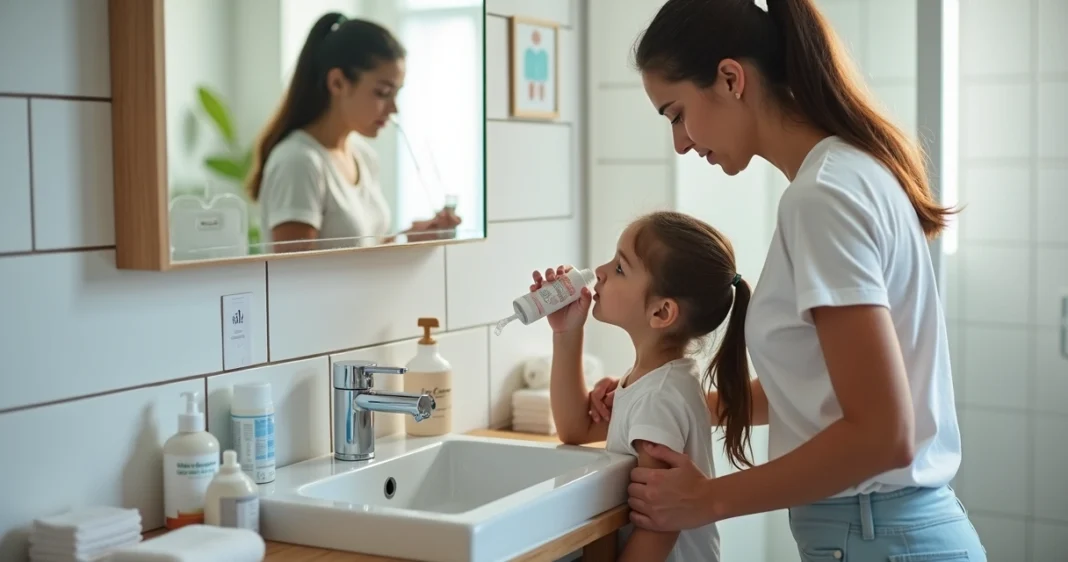 Mãe ajudando criança a fazer lavagem nasal com soro em casa