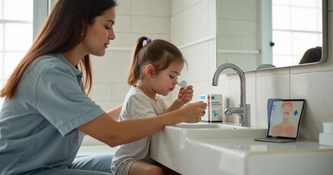 Mãe ajudando criança a fazer lavagem nasal com soro em casa