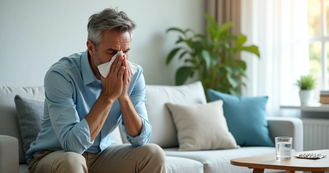 Adulto espirrando em lenço de papel em ambiente interno iluminado