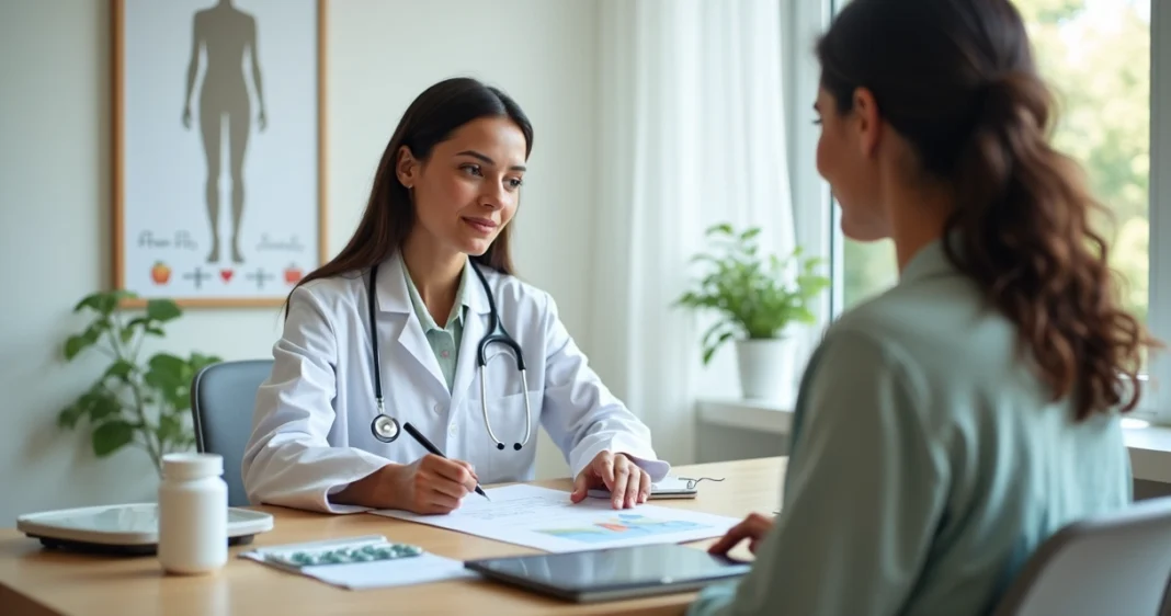 Médica orientando paciente sobre remédios para perder peso em consultório moderno
