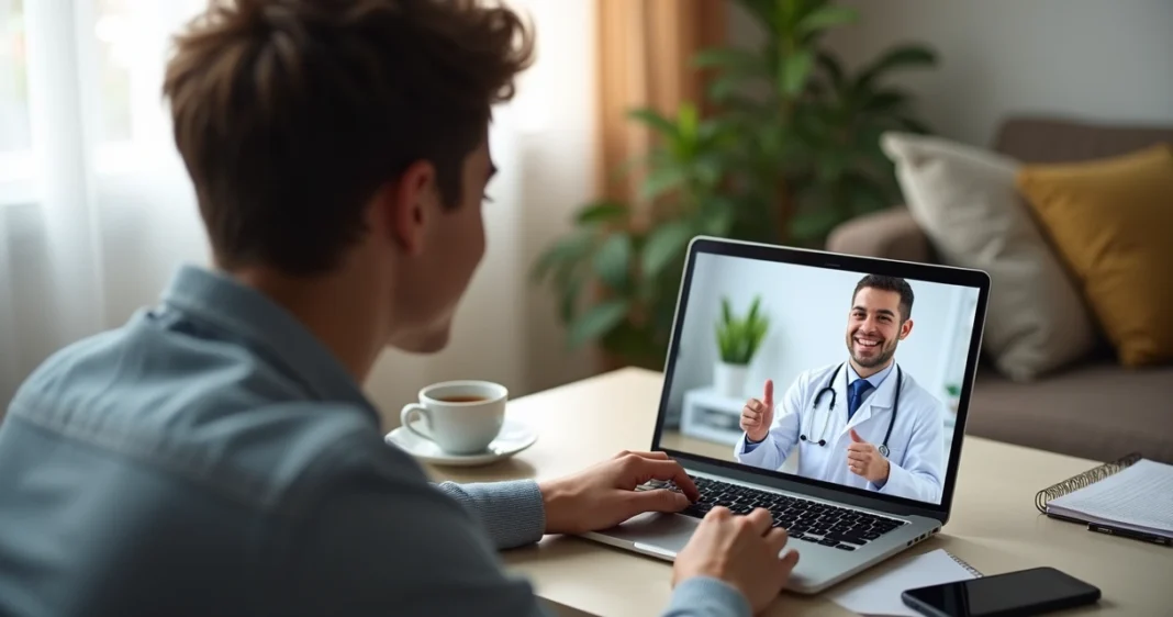 Paciente realizando teleconsulta médica em ambiente tranquilo e privado com médico na tela do computador