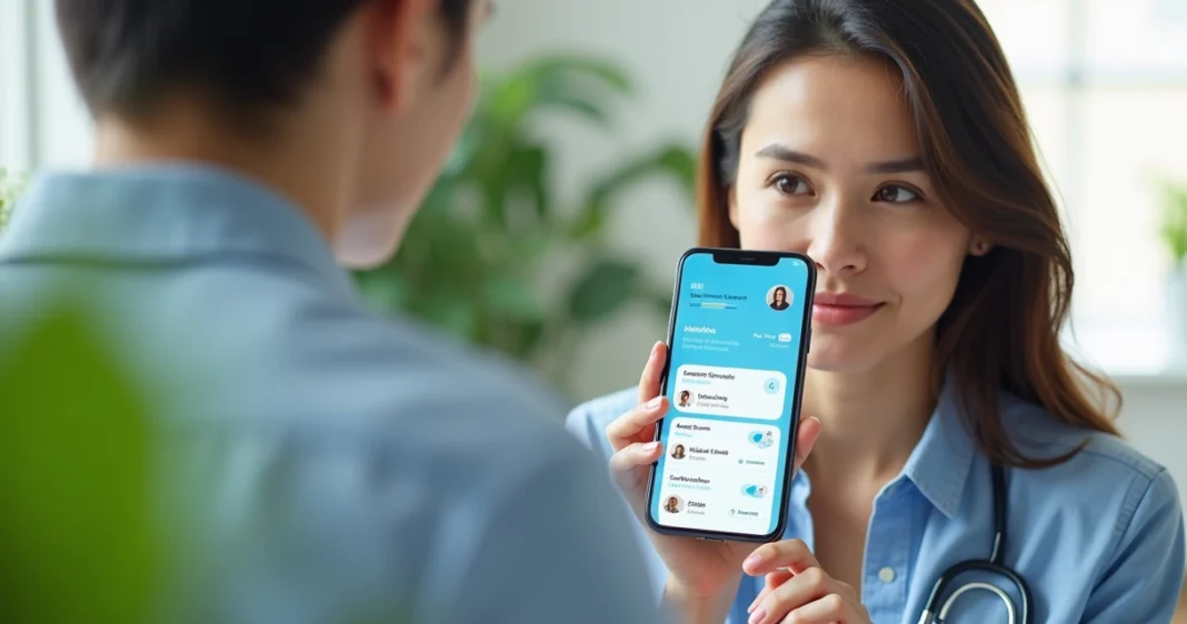 Mulher segurando smartphone com aplicativo de saúde aberto, em ambiente claro e moderno