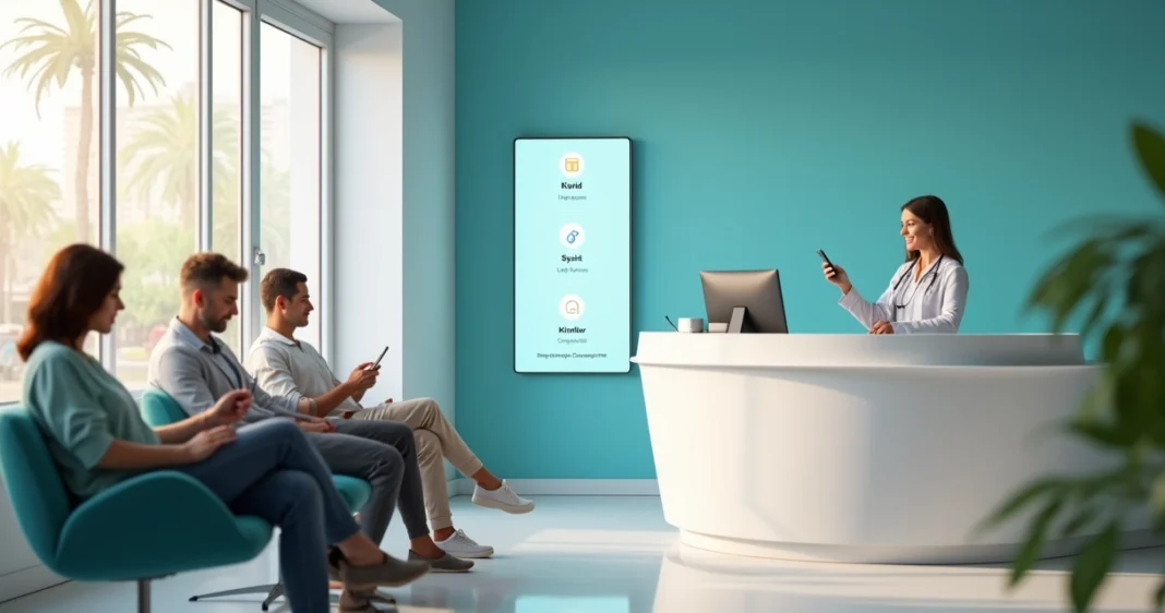 Recepção de clínica em Salvador com painel digital exibindo plataforma Kivid