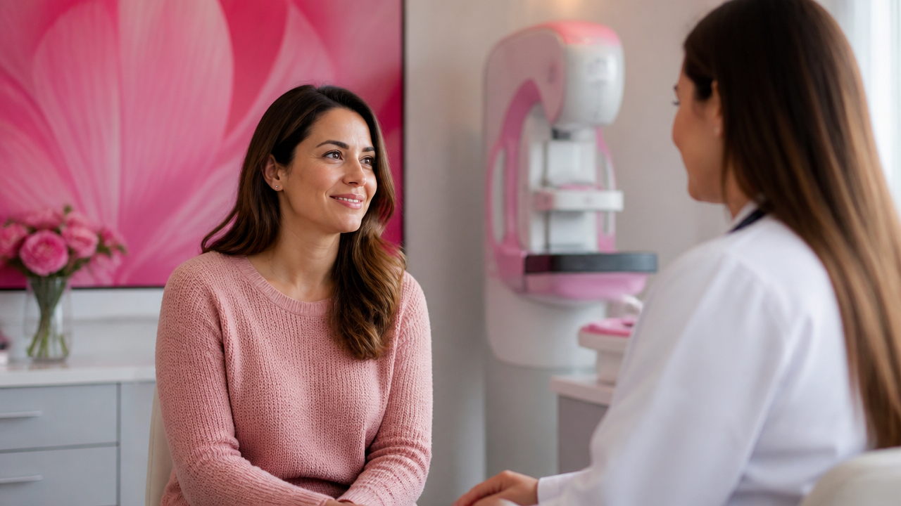 Mulheres em campanha de conscientização sobre o câncer de mama, com laço rosa e ambiente de cuidado em saúde.